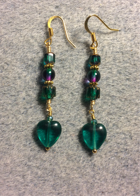 Small teal Czech glass heart bead earrings adorned with teal and teal purple Czech glass beads.