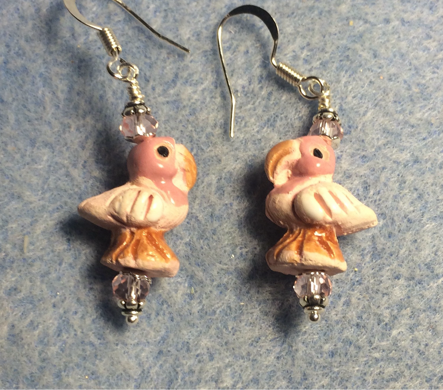 Small pink and tan ceramic flamingo bead earrings adorned with pink Chinese crystal beads.