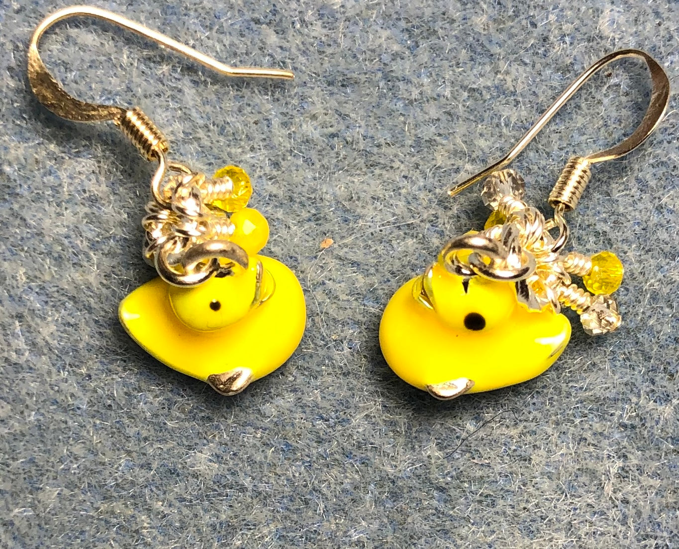 Silver and yellow enamel duck charm earrings adorned with tiny dangling yellow and silver Chinese crystal beads.