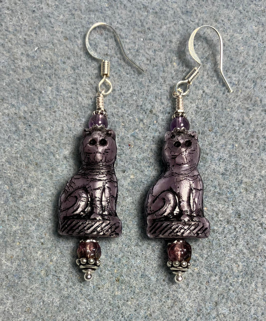 Opaque purple (with black inlay) fancy Czech glass fancy cat bead earrings adorned with purple Czech glass beads.