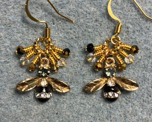 Gold and black enamel and rhinestone honeybee charm earrings adorned with tiny dangling black, gold, and clear Chinese crystal beads.