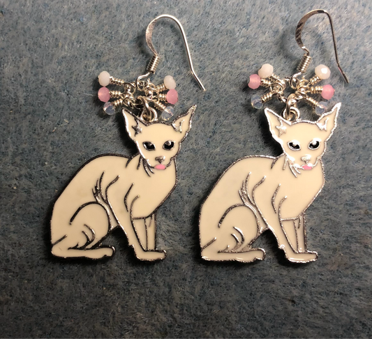 White and silver enamel Sphynx cat charm earrings adorned with tiny dangling white, silver, and pink Chinese crystal beads.