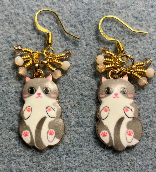Tan, white, and peach enamel cat charm earrings adorned with tiny dangling tan, white, and peach Chinese crystal beads.