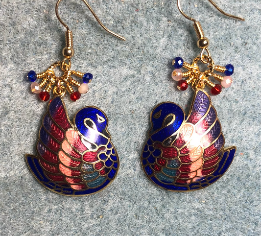 Gorgeous vintage dark blue, red, and peach cloisonné swan charm earrings adorned with tiny dangling dark blue, red, and peach Chinese crystal beads.