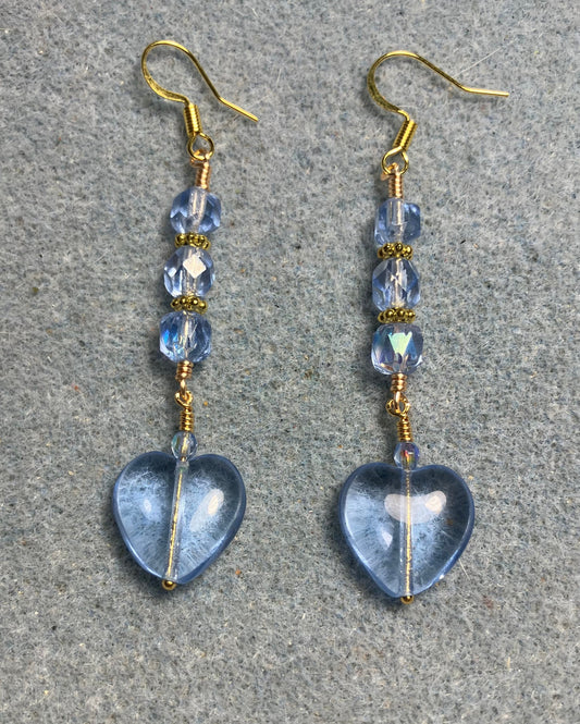 Light blue Czech glass heart bead earrings adorned with light blue Czech glass beads.
