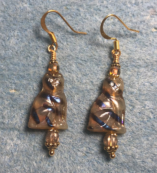 Tan with brown stripes Czech glass cat bead earrings adorned with tan Czech glass beads.
