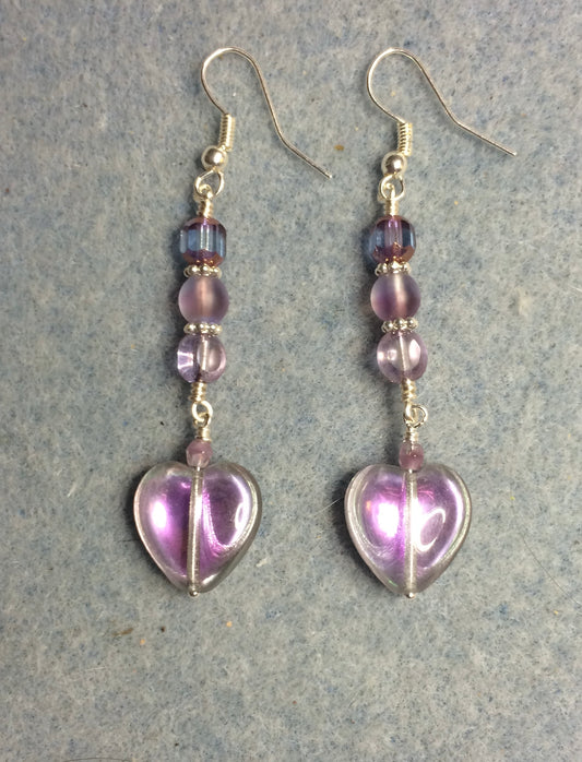 Lavender silver Czech glass heart bead earrings adorned with lavender Czech glass beads.