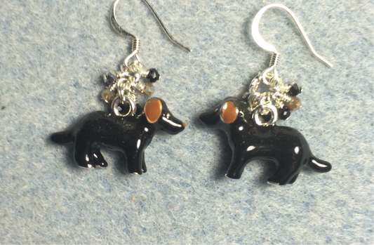 Black and tan enamel dog charm earrings adorned with tiny dangling black and tan Chinese crystal beads.