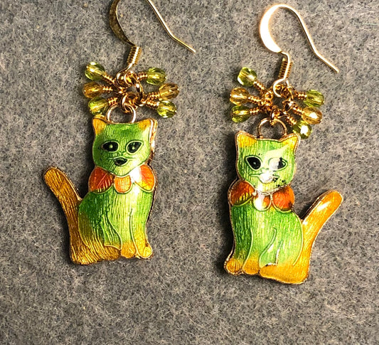 Lime green, orange, and amber cloisonné cat charm earrings adorned with small dangling lime green and amber Czech glass beads.