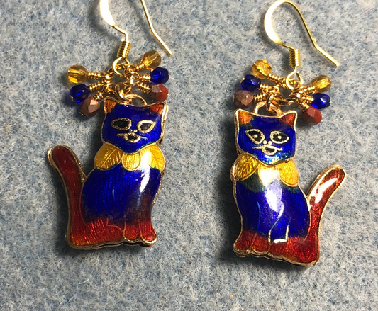 Dark blue, orange, and amber cloisonné cat charm earrings adorned with small dangling dark blue, orange, and amber Czech glass beads.