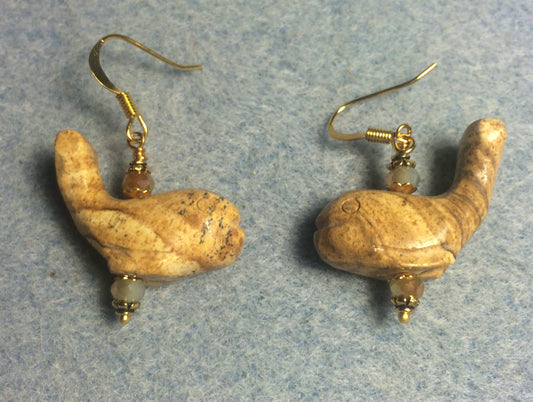 Picture jasper gemstone whale bead earrings adorned with tan Chinese crystal beads.