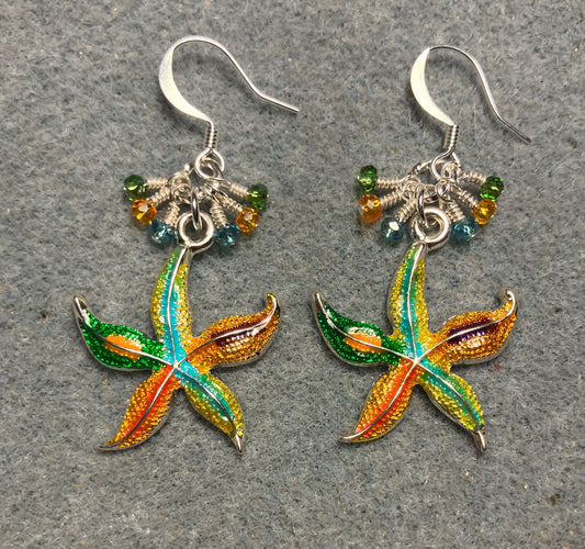 Silver, orange, green, and turquoise enamel starfish charm earrings adorned with tiny dangling turquoise, orange, and green Chinese crystal beads.
