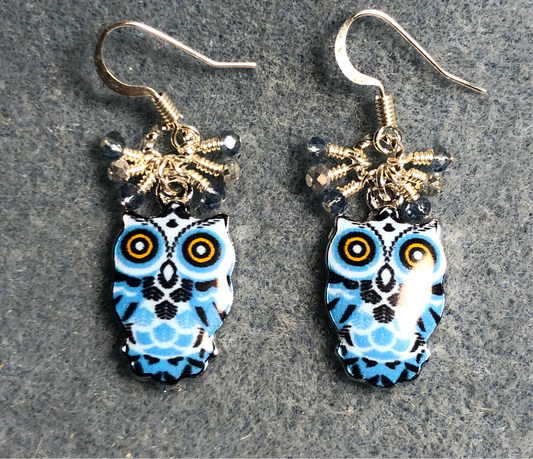 Blue, black, and silver enamel owl charm earrings adorned with tiny dangling dark blue, light blue, and silver Chinese crystal beads.