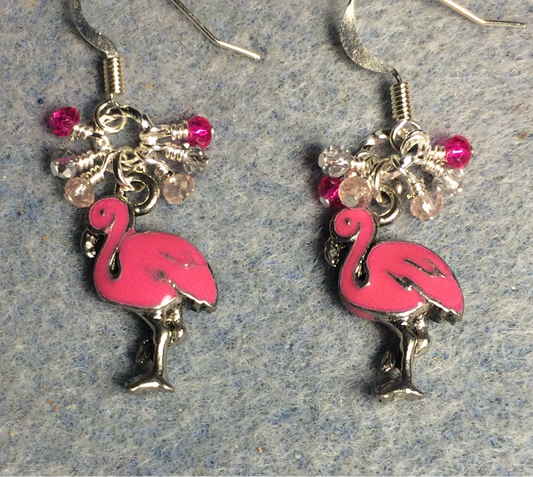 Hot pink enamel flamingo charm earrings adorned with tiny dangling hot pink, light pink, and silver Chinese crystal beads.