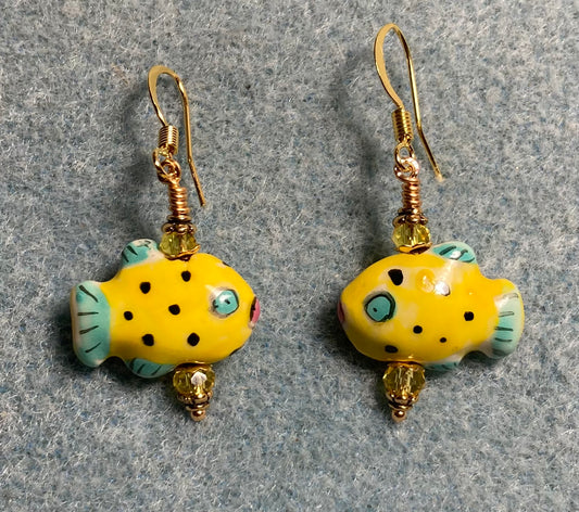 Small yellow and blue ceramic fish bead earrings adorned with yellow Chinese crystal beads.