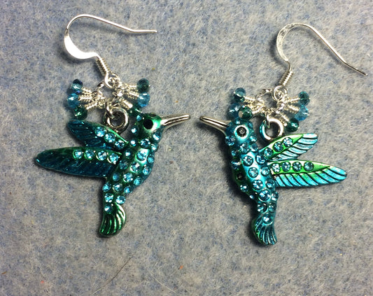 Teal and turquoise rhinestone hummingbird charm earrings adorned with tiny dangling teal and turquoise Chinese crystal beads.