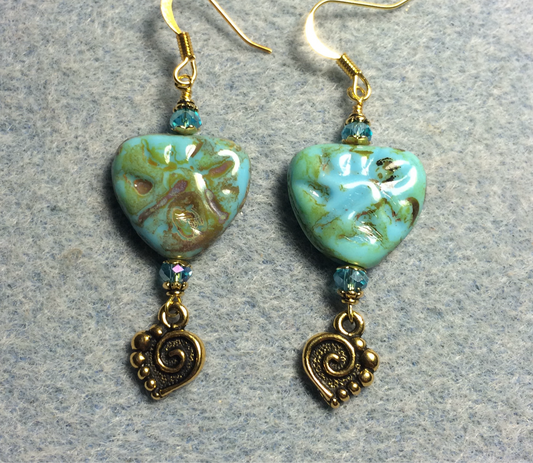 Turquoise Picasso Czech glass heart bead earrings made with turquoise Chinese crystal beads and gold Tierracast spiral heart charms.