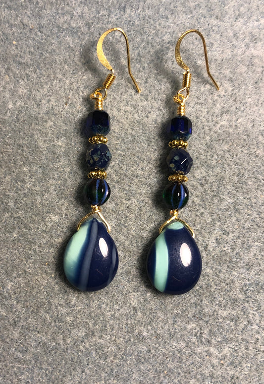 Opaque dark and light blue Czech glass pear drop bead earrings adorned with dark blue Picasso Czech glass beads.