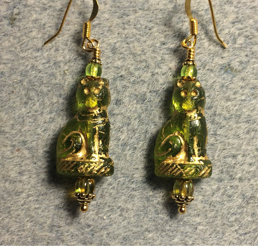 Olive green (with gold inlay) fancy Czech glass cat bead earrings adorned with olive green Czech glass beads.
