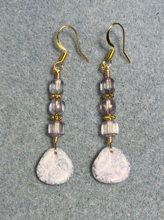 Light violet speckled Czech glass rose petal earrings adorned with light violet Czech glass beads.