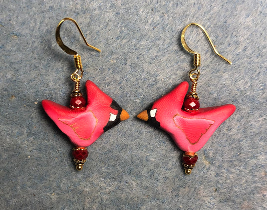 Red polymer clay cardinal bead earrings adorned with red Chinese crystal beads.