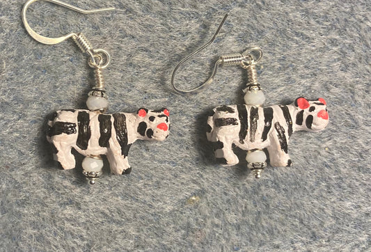 Small white and black ceramic striped tiger bead earrings adorned with white Chinese crystal beads.