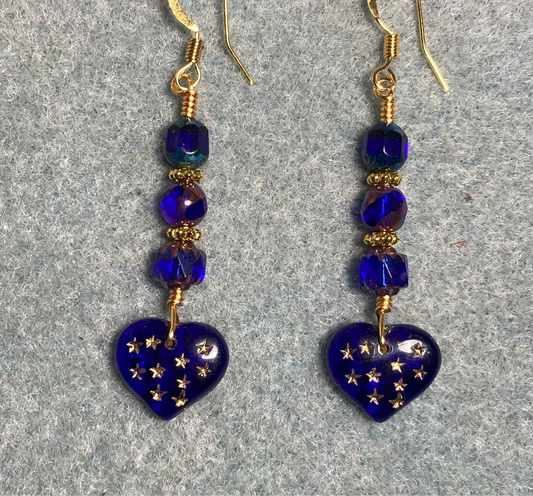 Dark blue Czech glass heart bead earrings adorned with dark blue Czech glass beads.