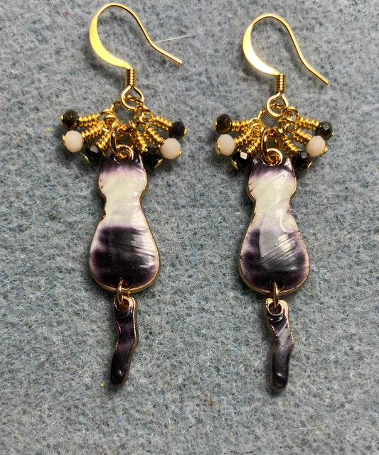 Gray and white enamel cat charm earrings adorned with tiny dangling gray and white Chinese crystal beads.