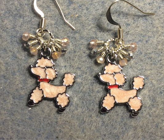 Pink and red enamel poodle charm earrings adorned with tiny dangling pink and silver Chinese crystal beads.