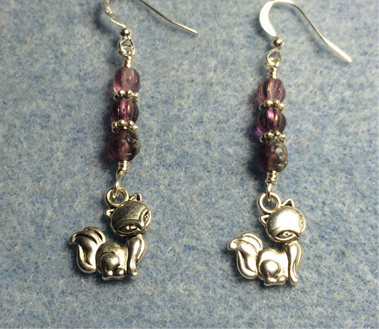 Small silver fox charm earrings adorned with small violet Czech glass beads