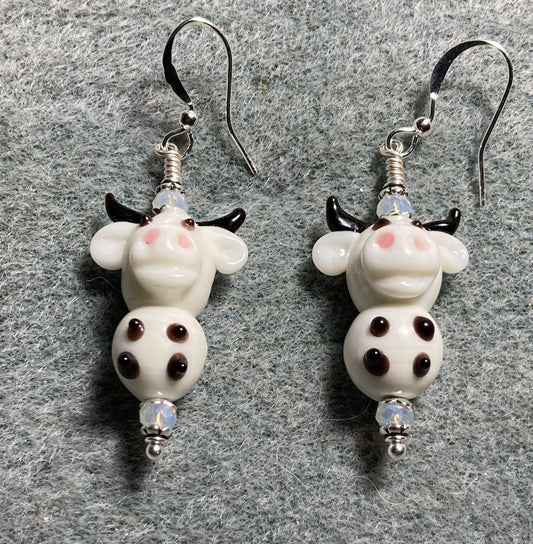 White and brown lamp work cow (bull) bead earrings adorned with white Chinese crystal beads.