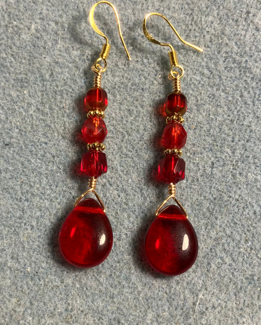 Bright red Czech glass pear drop bead earrings adorned with bright red Czech glass beads.